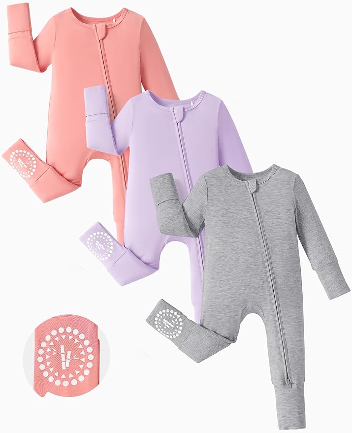 PATPAT Baby Footies Boys Girls - Bamboo Viscose - Zipper & Non-Slip Soles Romper Mitten - Footed & Footless Infant Clothes