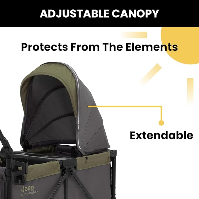 Jeep Sport All-Terrain Stroller Wagon by Delta Children - Includes Canopy, Parent Organizer, Adjustable Handlebar, Snack Tray & Cup Holders, Grey/Olive Green