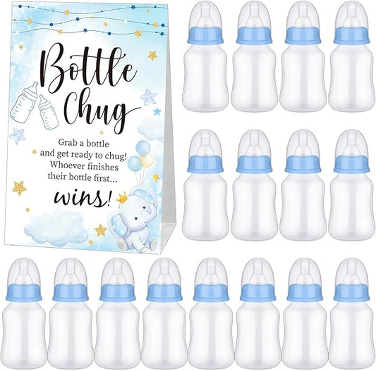TrelaCo Bottle Chug Baby Shower Game 20 Pcs Baby Bottles Shower Favor with 1 Elephant Theme Sign for Gender Reveal Party Supplies Gifts(Blue)