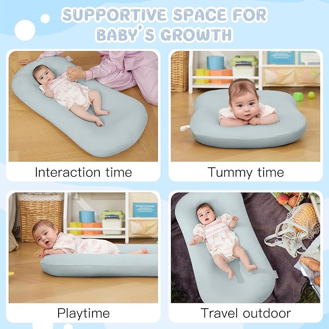 Lucakuins Baby Lounger, Bionic Design Baby Lounger for Newborn 0-24 Months, Soft Organic Cotton Breathable Lounger for Infants (Grayish Blue Baby Lounger)