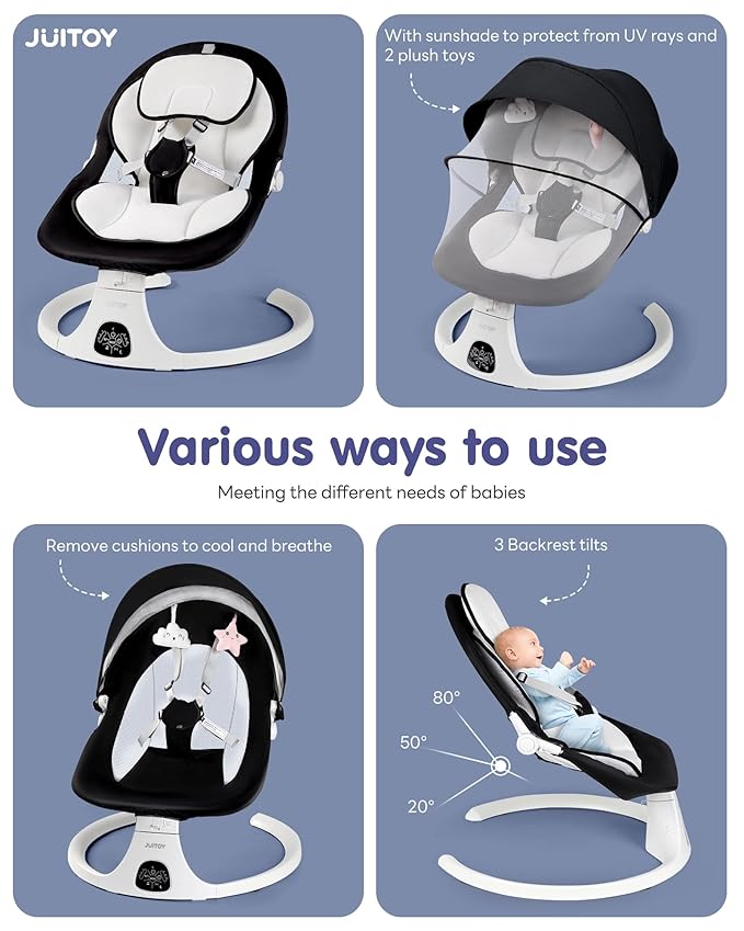 Electric Baby Swings for Infants to Toddler Baby Swing with 5-Speed 3-Seat Positions 5-Point Carabiner,with Bluetooth Music 10-Preset Melodies (Black White)
