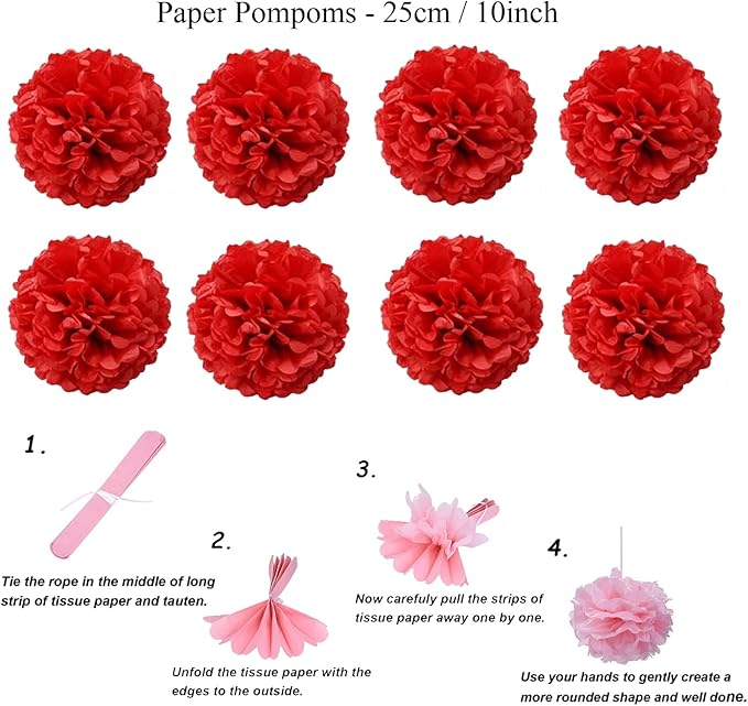ZERODECO Party Decoration, 21 Pcs Red Hanging Paper Fans Pom Poms Flowers, Garlands String and Triangle Bunting Flags for Birthday Parties Baby Showers Wedding