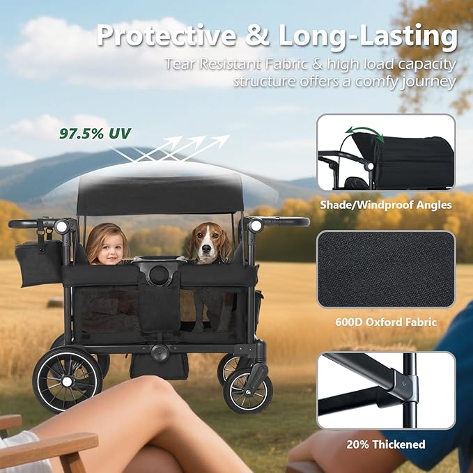 Kinder King Folding Wagon Stroller for 2 Kids, All-Terrain Baby Stroller Wagon Outdoor, Removable Canopy 2 Seater, Adjustable Handle, Shock-Absorbing Wheel, Detachable Tray, Parent Organizer, Black