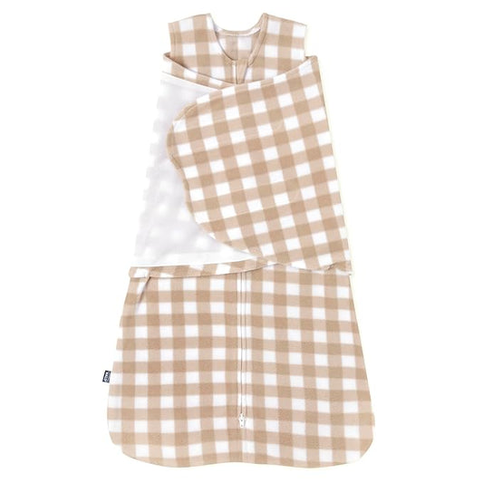 HALO Micro-Fleece Sleepsack Swaddle, 3-Way Adjustable Swaddle Blanket for Newborn and Infants, TOG 3.0 for Cold Climates, Hip Healthy, Gingham Tan, Small, 3-6 Months