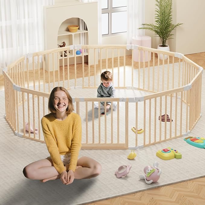 Baby Playpen, Foldable Wooden Play Yard with Gate, Playpen for Babies and Toddlers, Adjustable Baby Activity Center with Child Proof Lock, Fence Play Area for Toddlers 6 to 36 months(56*83*24inch)