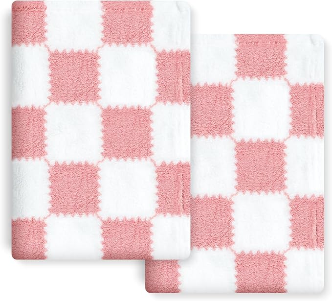 Checkered Baby Blanket for Girls, 2 Pack Soft Baby Girl Blankets, Small 28 x 40 inches Toddler Fleece Blanket, Essentials Crib Stroller Items, Newborn Gift (Pink)