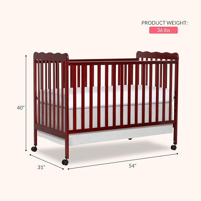 Dream On Me Carson Classic 3-in-1 Convertible Full-Size Baby Crib in Cherry, GreenGuard Gold & JPMA, 4 Mattress Heights, Converts to Day & Toddler Bed, Locking Wheels, Classic Nursery Design