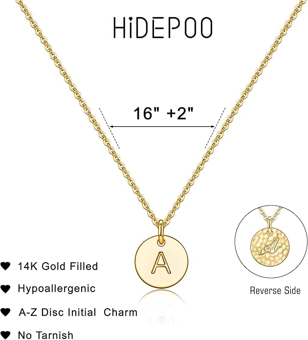 Hidepoo Disc Initial Necklace Gifts for Girls - 14K Gold Filled/Rose Gold/S925 Sterling Silver Disc Initial Necklaces Personalized Birthday Gift Tiny Initial Necklace Jewelry for Girls Women