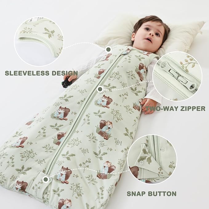 Mosebears Sleep Sack Baby Winter Wearable Blanket with 2-Way Zipper,2.5 TOG Cotton Sleep Sack Unisex(Green Animal,6-12 Months)
