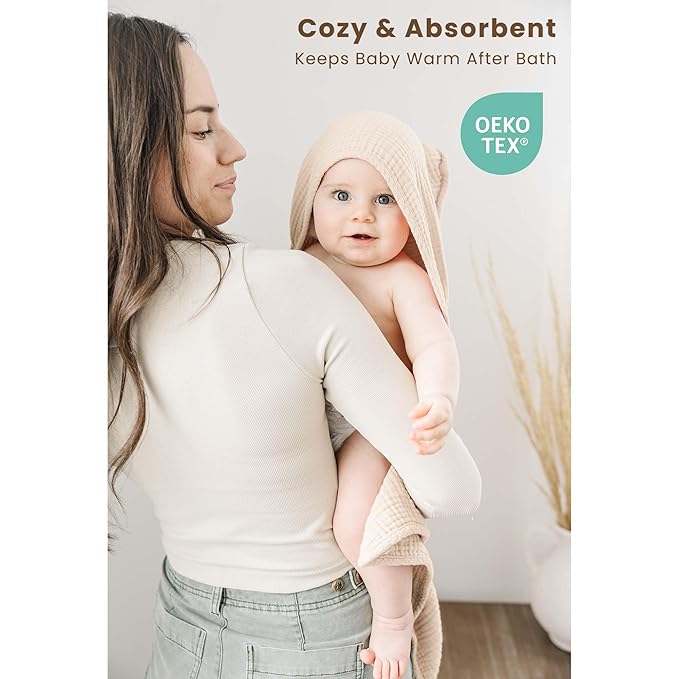 Konssy 2-Pack Muslin Hooded Baby Towels, 100% Cotton, Ultra-Soft & Absorbent Baby Bath Towels with Hood for Newborn & Infant (Cream, Blossom,30" x 30")