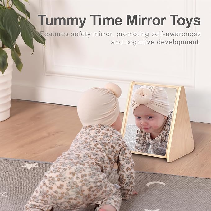 Baby Double-Sided Tummy Time Mirror w/ 2 Package High Contrast Visual Stimulation Cards, Sensory Activity Montessori Toys for 0-18+ Months Boys Girls