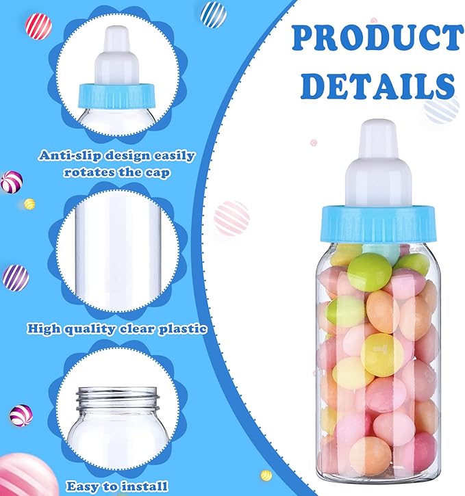 60 Pcs 4.5 Inch Baby Mini Milk Bottle Baby Shower Favor Fillable Feeding Bottle Candy Box Small Plastic Candy Container DIY Gift for Boy Girl Newborn Baptism Party Decor (Blue)