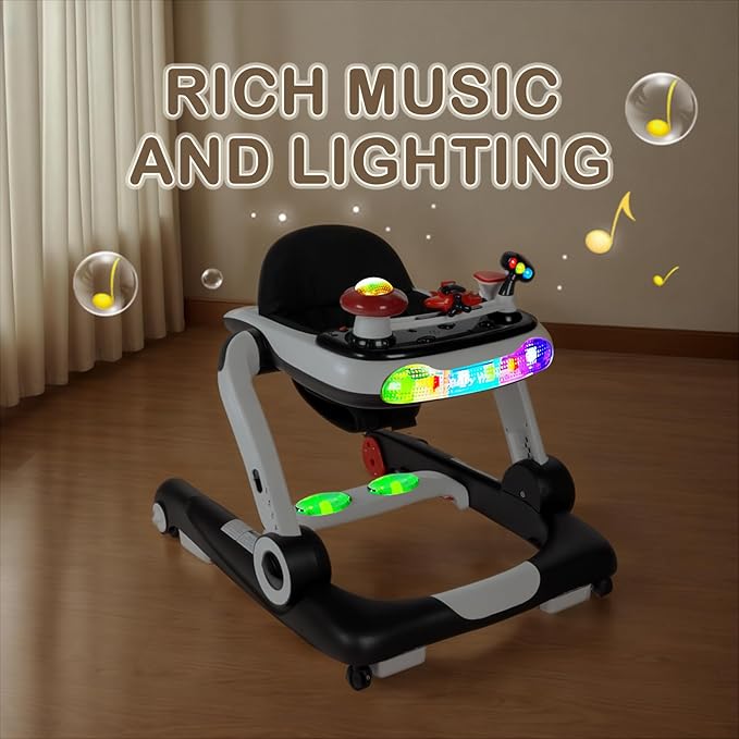 Kinder King Baby Walker with Music & Lights, 5 in 1 Baby Bouncer Activity Walker, Adjustable Height & Seat, Learning-Seated & Toddler Walk-Behind, Safety Bumper, Infant Walker Anti-Rollover, Black