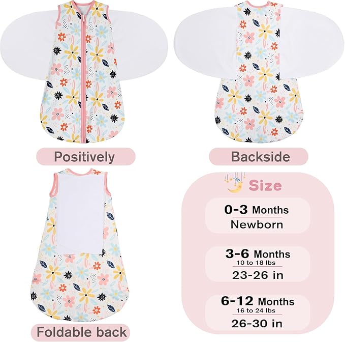 Newborn Sleep Sack Baby Swaddle,6-12 Months,3-Way Adjustable Wearable Blanket,100% Rayon Cotton Swaddling Sleeping Bag，TOG 0.5（Heart&Floral）