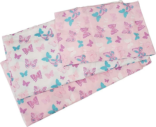 3-Piece Kids Twin Sheets Bedding Set, 100% Woven Cotton, Includes Deep Pocket Bed Sheet (39 x 75 x 15in) + Flat Sheet (66 x 96in) + Pillowcase (20 x 30in) Butterfly