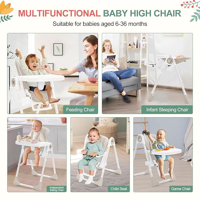 Baby High Chair for Toddlers 1-3 Years Old, Foldable Baby High Chair with Removable Tray, Lightweight Folding Chair with 5-Point Safety Harness, Multiple Recline Positions & Compact Design