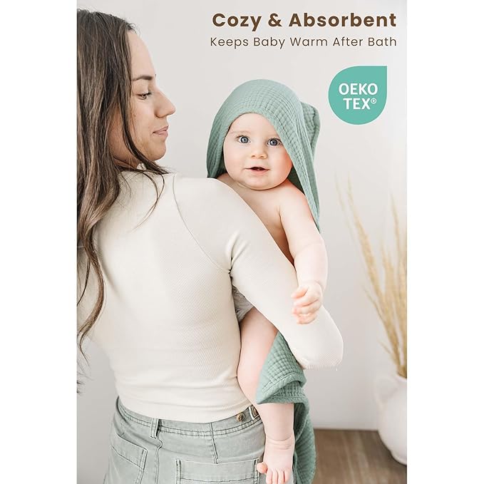 Konssy 2-Pack Muslin Hooded Baby Towels, 100% Cotton, Ultra-Soft & Absorbent Baby Bath Towels with Hood for Newborn & Infant (Green, Leafy,30" x 30")