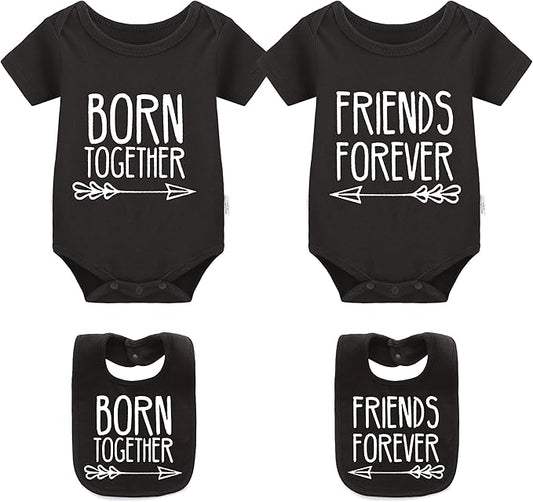 YSCULBUTOL Baby Twins Bodysuits Best Friends Forever Baby Clothes Set with Bibs Girl Outfit with hat