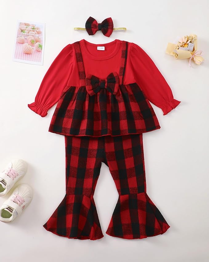 Kucnuzki Toddler Baby Girl Clothes Outfit Long Sleeve Plaid T Shirt Top Flare Leggings Pants 2 Piece Outfit Kids Clothes