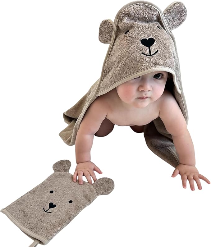 Hooded Baby Towel with Mitt - Ultra Soft Plush Bath Essential for Newborn, Infant & Toddler - Premium 30x30 Inch Large Absorbent Baby Bath Towels with Hood for Boys & Girls (Cuddly Bear)