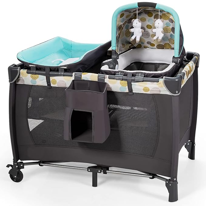 HONEY JOY 5-in-1 Pack and Play with Bassinet, Infant Nursery Center Pack and Play w/Newborn Cradle & Hanging Toys, Diaper Storage Bag, Music, Carry Bag, Portable Baby Playard w/Changing Station (Blue)