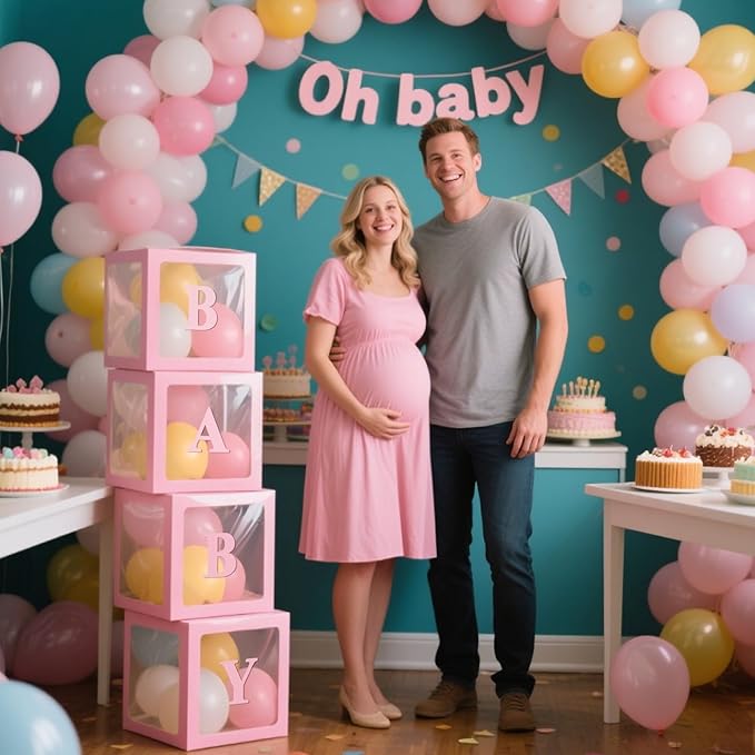 Ledido Baby Boxes with Letters for Baby Shower Decorations, 4 pcs Clear Baby Balloon Boxes Blocks for Baby Shower Decor with Letters for Boy Girl Gender Reveal Decorations Backdrop Party (Pink)