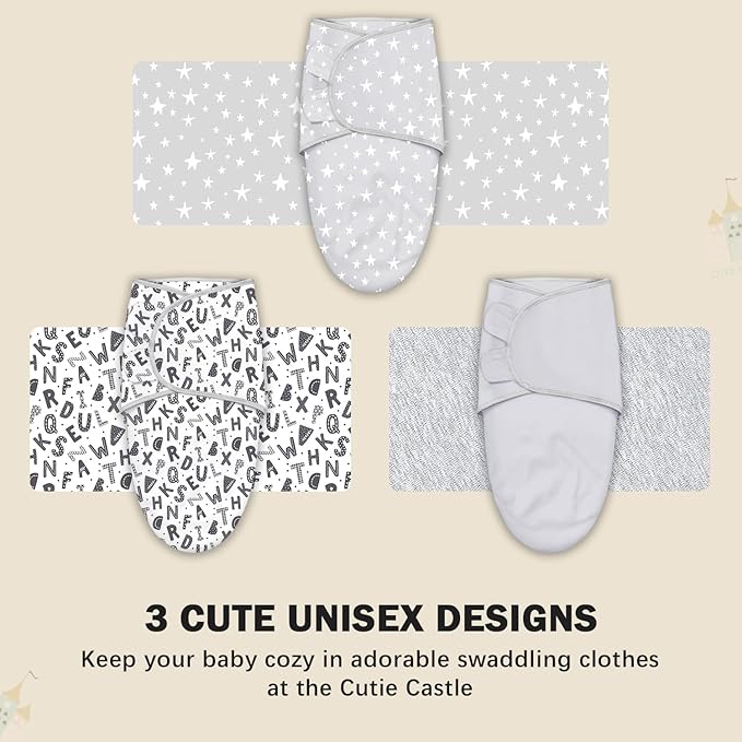 Cute Castle 3-Pack Baby Swaddle Sleep Sacks - Newborn Swaddle Sack - Ergonomic Baby Swaddles Blanket Warp for Boys and Girls - Baby Essentials (0-3 Months - Gray, Letters, Stars)