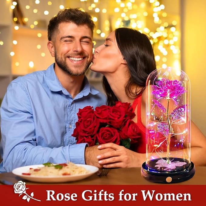 DEEMEI Birthday Gift for Women Pink Rose Eternal Flower USB Light Up Rose in Glass Dome Anniversary Flowers for Delivery Prime Mothers Day Presents Flowers Gifts for Her Grandma Girlfriend Wife