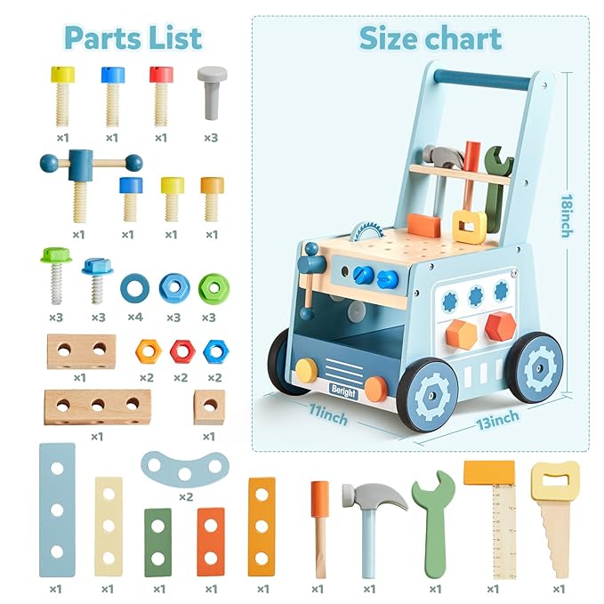 Beright Wooden Baby Push Walker, Wooden Baby Walker and Tool Toy for Toddlers, Kids Tool Bench, Baby Activity Center, Toddler Montessori Educational Toys, Blue