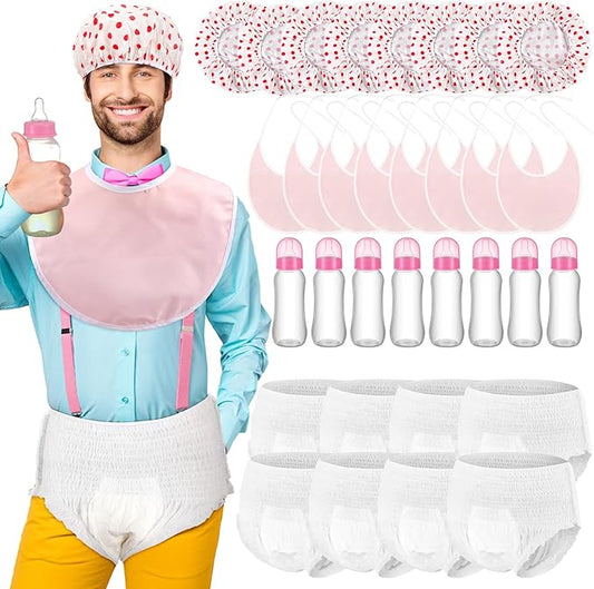 8 Sets Bottle Chug Baby Shower Games Plastic Baby Bottles Bulk Diapers Gender Reveal Games Hat and Adult Bib Race Game Decoration for Girl Adults (Stylish Style,Pink)