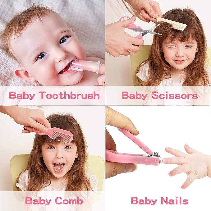 Baby Grooming Kit, Infant Safety Care Set with Hair Brush Comb Nail Clipper Nasal Aspirator,Baby Essentials Kit for Newborn Girls Boys (Pink Baby Grooming kit)
