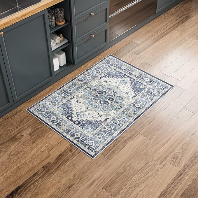 Dripex Vintage Washable Area Rug - 2x4 Indoor Door Mat Oriental Medallion Accent Throw Rug Distressed Foldable Non-Slip Low-Pile Bathroom Kitchen Rug for Entryway Laundry Room Living Room Bedroom