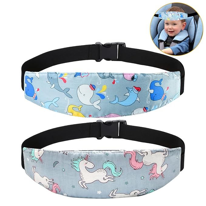 Baby Carseat Head Support,Car seat Straps Pillow Support Ban,Stroller Neck Relief Strap Headrest,Slumber Sling Sleep Positioner for Toddler Infants Child Children Kids(Gray Whale）