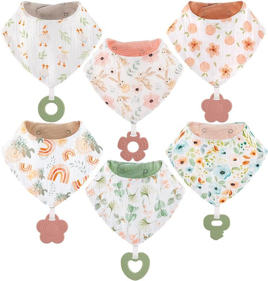Baby Bandana Drool Bibs 6-Pack and Teething Toys 6-Pack Made with 100% Organic Cotton, Absorbent and Soft Unisex