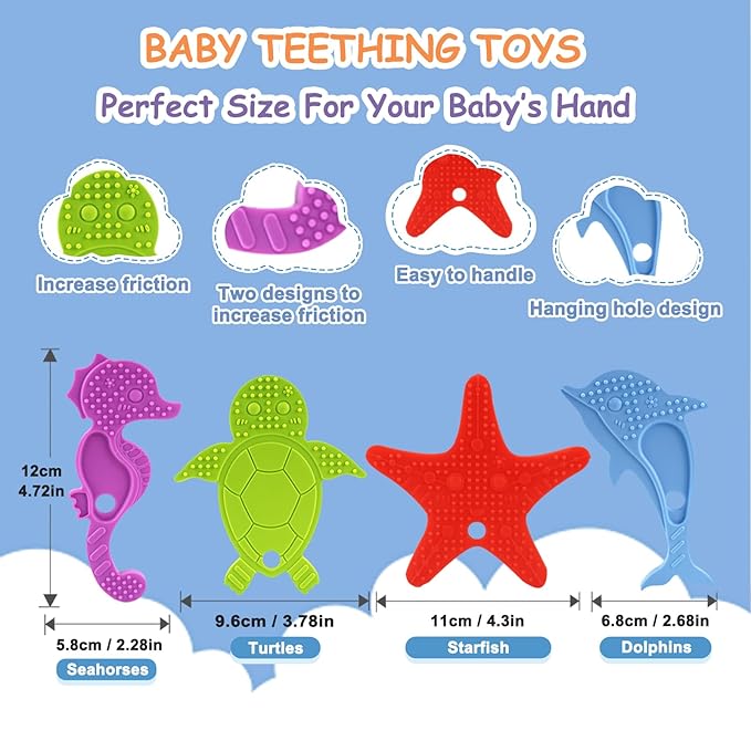 Baby Teether [Original] - Silicone Teething Toys for Babies, Ocean Sea Animals Shape Teething Relief Chew Toy | Stuff Essential and Gift for Toddler Infant Boy Girl 3+ Months | 4 Pieces