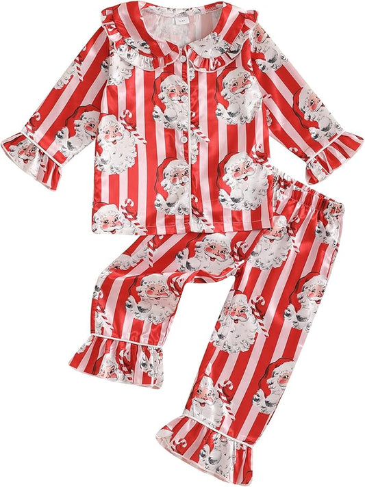 Toddler Kids Baby Girl Solid Pjs Ruffle Long Sleeve Button Shirt Top and Pants Cotton 2Piece Pajamas Set