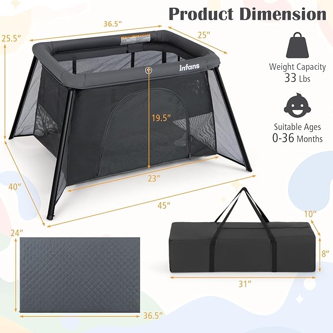 INFANS Travel Crib, Portable Baby Playpen with Removable Bassinet Soft Mattress Carry Bag, Foldable Lightweight Playard Nursery Center for Newborns Toddlers (Dark Gray)