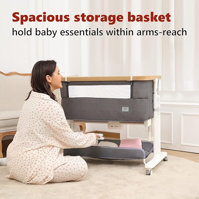 Rocking Bassinet for Baby Electric Automatic Bedside Sleeper Rocks Itself 3 Motion Auto Rolling Newborn Cradle 5 Height Adjustable with Music, Wheels, Storage, Dark Grey