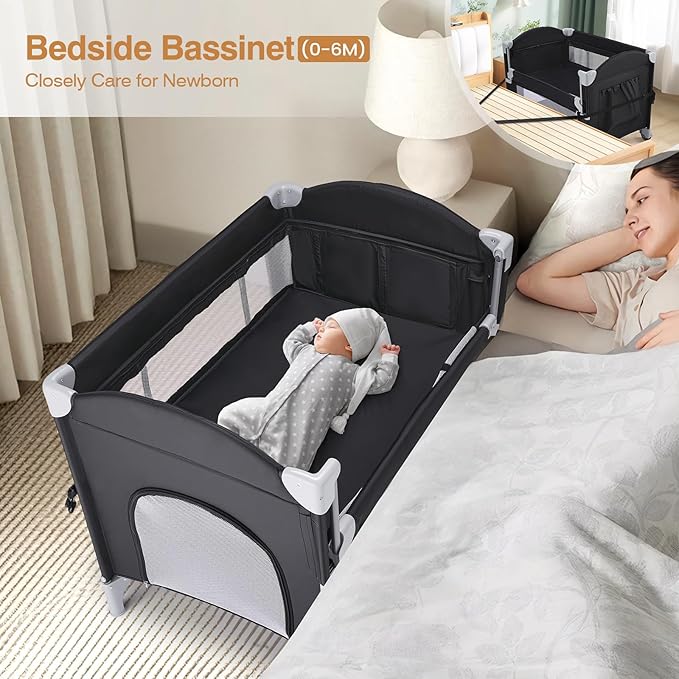 JOYMOR 4 in 1 Pack and Play, Baby Bedside Bassinet, Sturdy Play Yard with Padded Mat and Toy bar with Soft Toys
