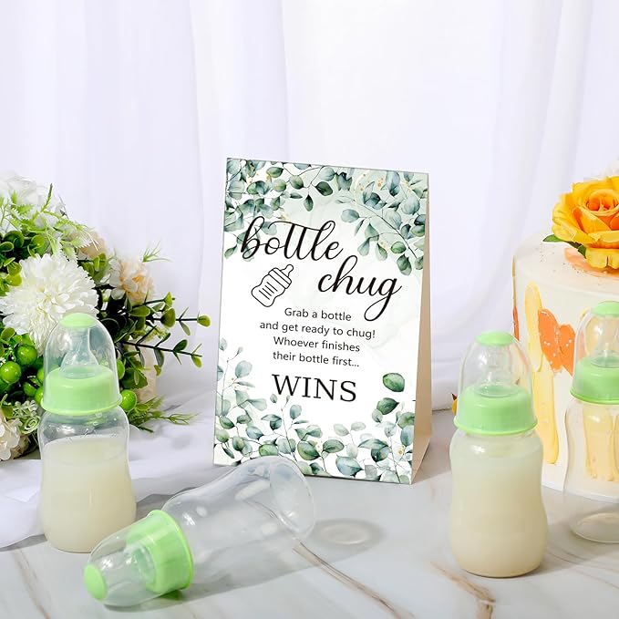 TrelaCo Bottle Chug Baby Shower Game 20 Pcs Baby Bottles Shower Favor with 1 Greenery Theme Sign for Gender Reveal Party Supplies Gifts(Green)