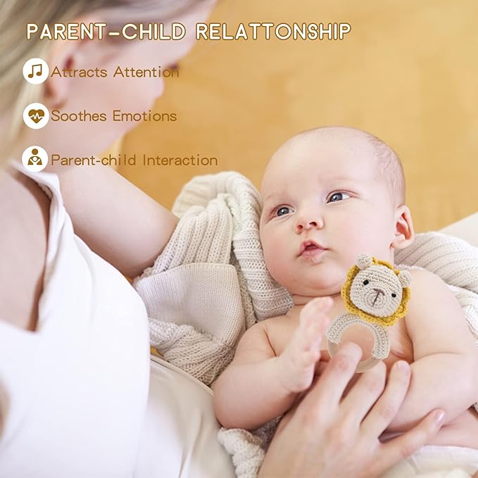 Wooden Baby Rattle Crochet Lion Baby Toys Handmade Newborn Toy Early Development Grips Stuffed Animal Organic Rattle