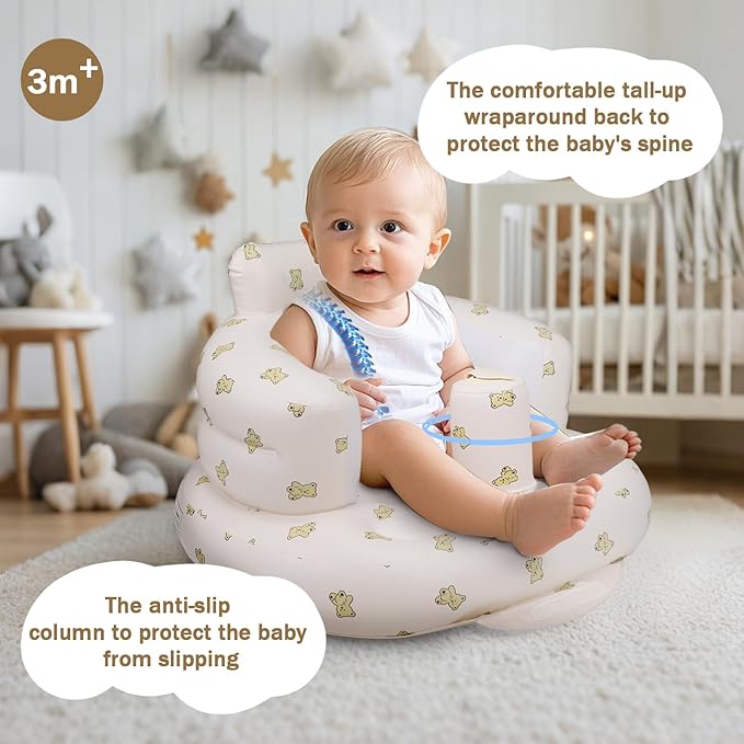 Inflatable Baby Seat, Inflatable Baby Chair for Babies 3 Months and Up Summer Baby Inflatable Seat for Sitting Up, Blow Up Baby Floor Seat with Built in Air Pump, Bear