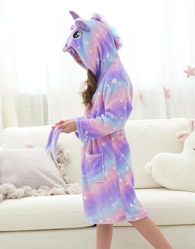 Doctor Unicorn Girls Fleece Hooded Robe Toddler Warm Fuzzy Bathrobe