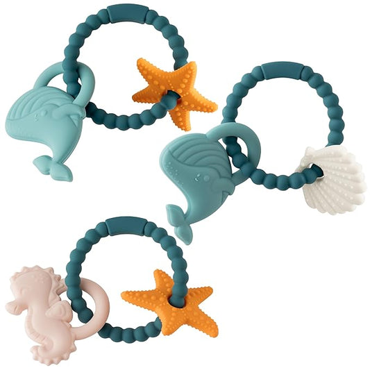 Silicone Teether Toys for Babies - 2ooya 3Pcs Summer Ocean Beach Themed Teething Ring, Baby Sensory Chew Toys with Rattles for Newborn Boy and Girl to Soothe Sore Gums, Baby Shower Birthday Gifts