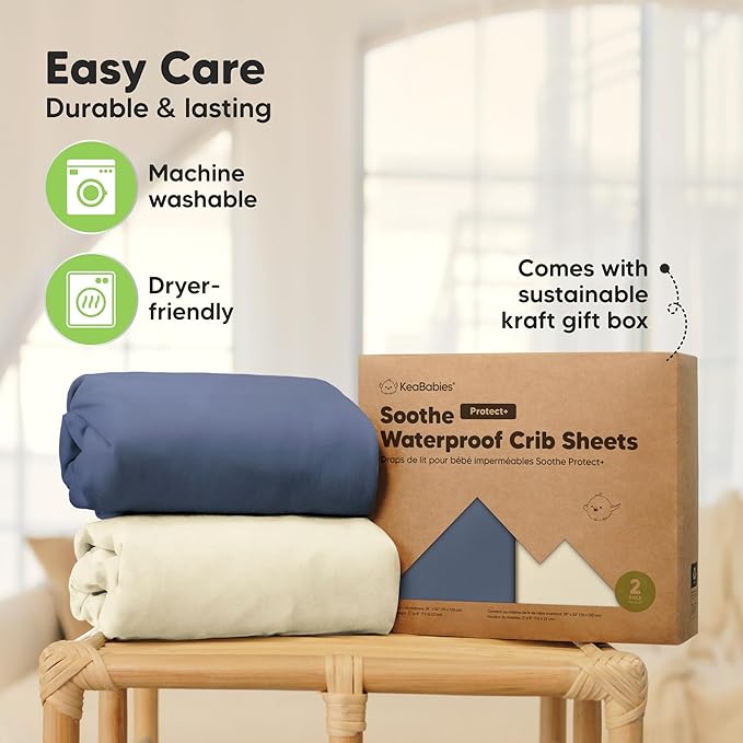 2-Pack Waterproof Crib Sheets for Boy, Girl - Organic Cotton 52X28 Fitted Crib Sheets Neutral,Crib Mattress Protector Sheets,Soft Toddler Bed Sheets,Washable Infant Fitted Baby Crib Sheets(Maritime)