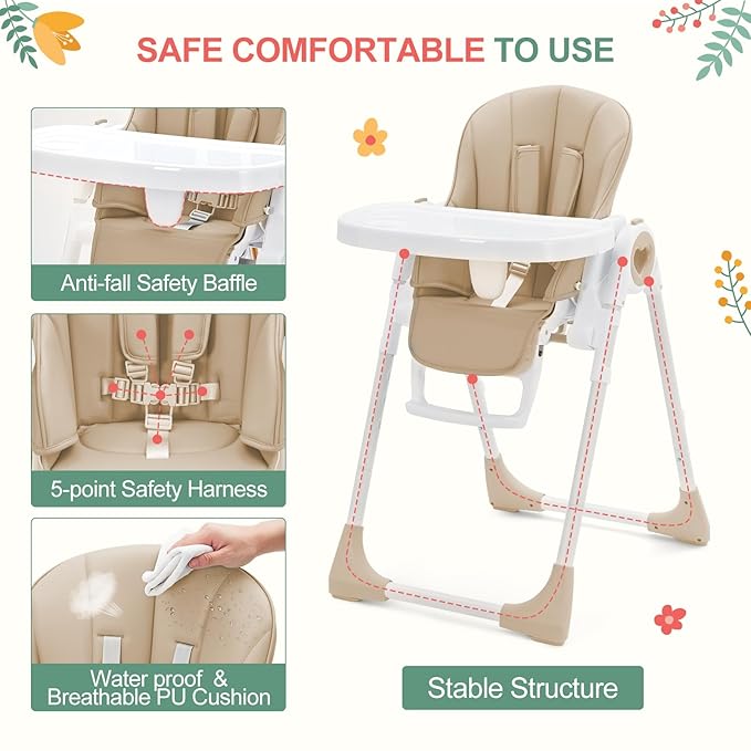 Baby High Chair for Toddlers 1-3 Years Old, Foldable Baby High Chair with Removable Tray, Lightweight Folding Chair with 5-Point Safety Harness, Multiple Recline Positions & Compact Design