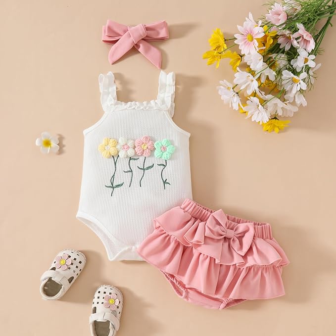 Kaipiclos Cherry Baby Outfit Newborn Infant Girl Clothes Rib Knit Romper & Shorts Waffled Baby Clothes for Girls 0 3 6 12 18M