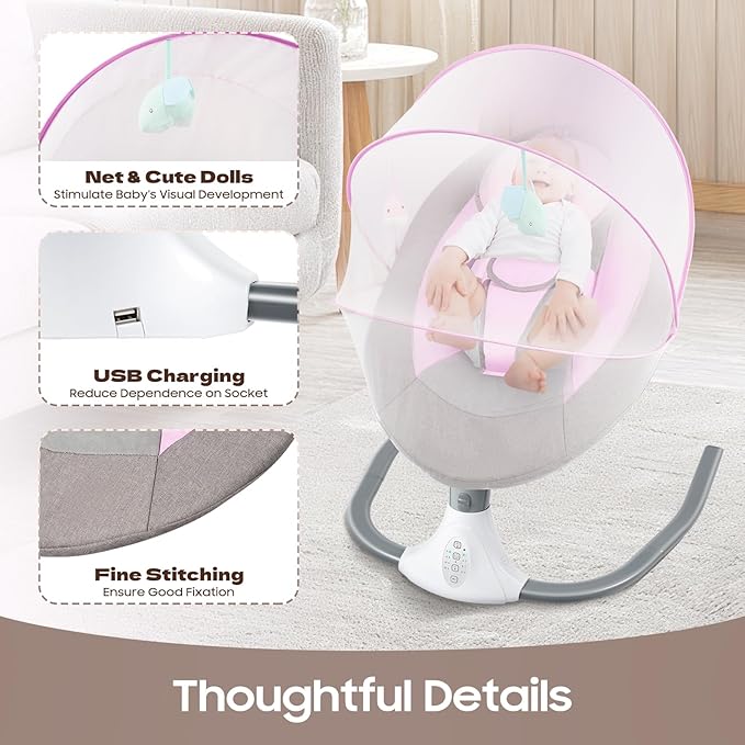 Electric Baby Swings for Infants, Pink Baby Swing with Remote Control, 5 Sway Speeds, Built-in 12 Lullabies, Compact Automatic Toddler Rocker for 0-18 Months & Max39Lbs