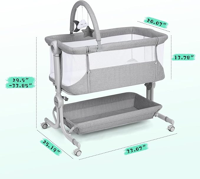 Cowiewie Baby Bassinet Bedside Sleeper with Storage Basket,Wheels & Hanging Toys, Easy Folding Portable Bassinet with Wheels Adjustable Height Portable Bassinets for Newborn(Handbag)