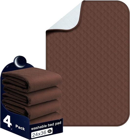 Bed Pads Washable Waterproof 24x36 Inch (4 Pack), Washable Bed Pads for Incontinence, Bed Wetting, and Pet Protection, Brown – Ideal for Elderly, Adults, Kids and Pets